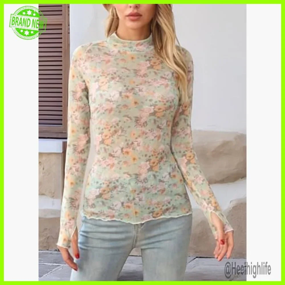Floral Lace Mesh Long Sleeve Top, Slim Fit Sheer Mock Neck Shirt - Picture 4 of 6